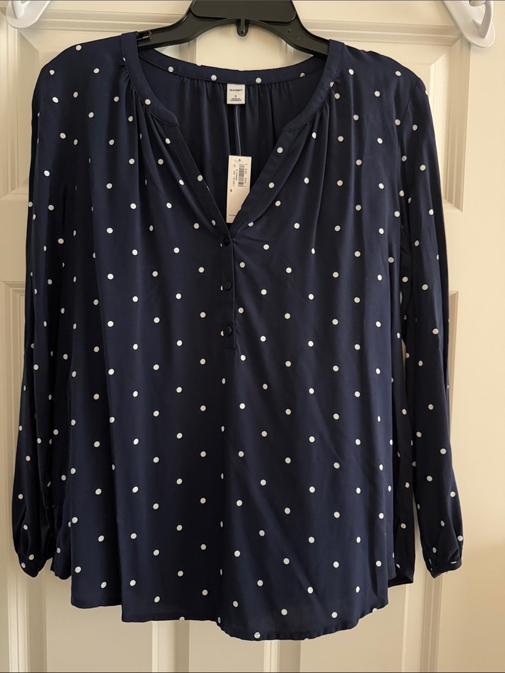 Old Navy Navy and White Polka Dot Henley Blouse